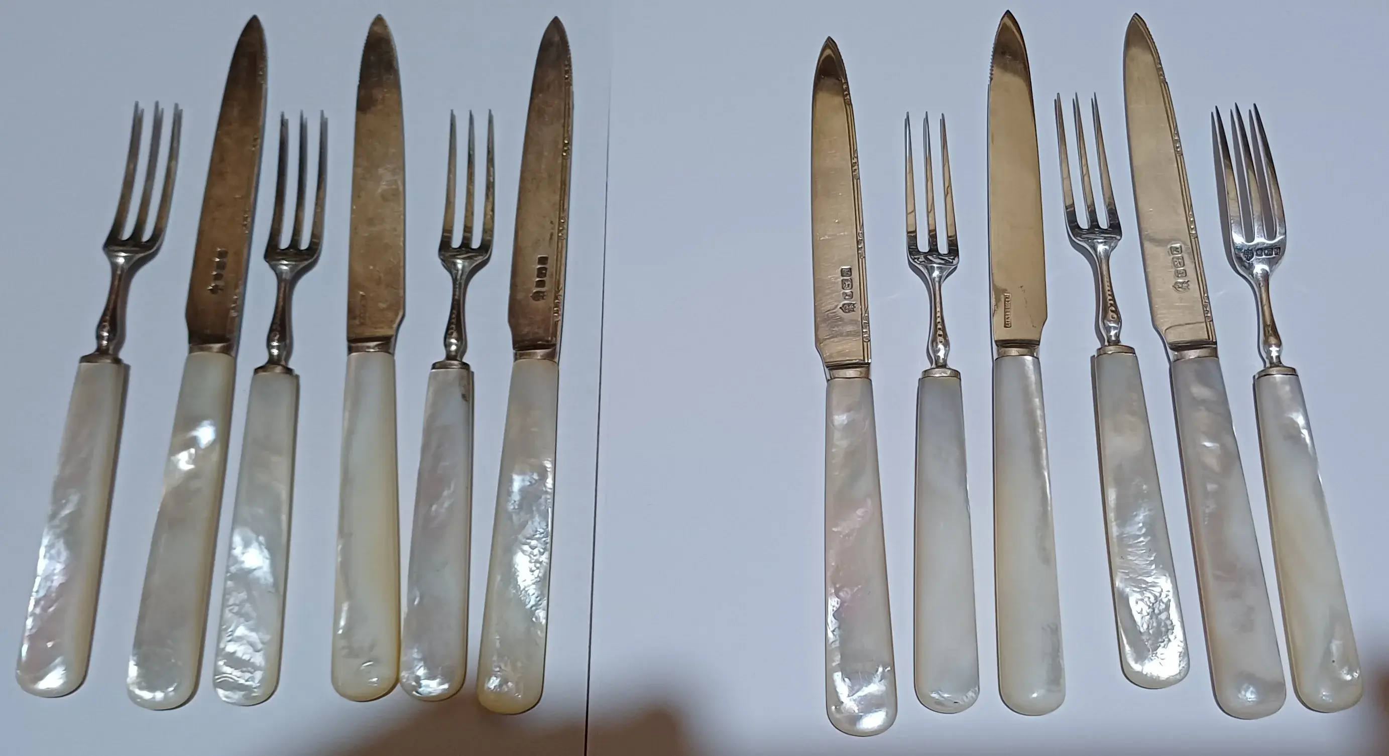 Komplettes Set, 6 Messer, 6 Gabeln, links noch nicht poliert