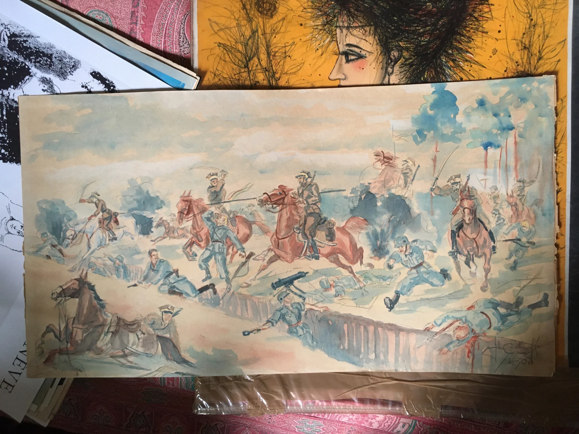 Aquarelle PFERDEN REITE Krieg