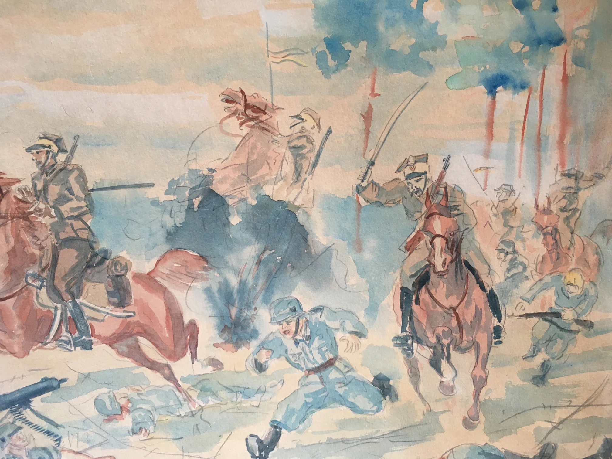 Aquarelle PFERDEN REITE Krieg