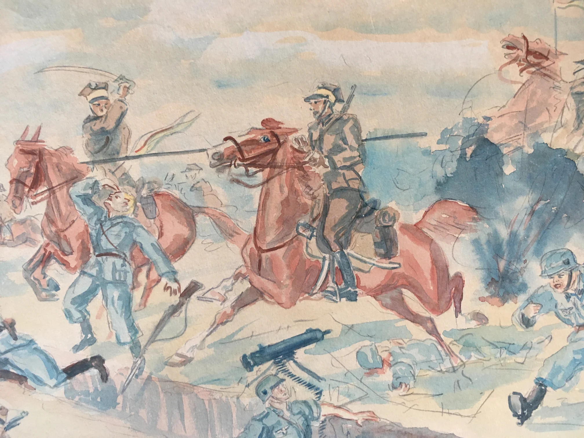 Aquarelle PFERDEN REITE Krieg