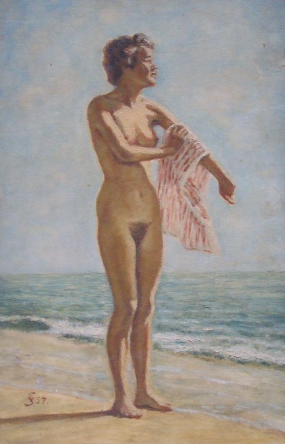 Frau am Strand - Oil auf Karton